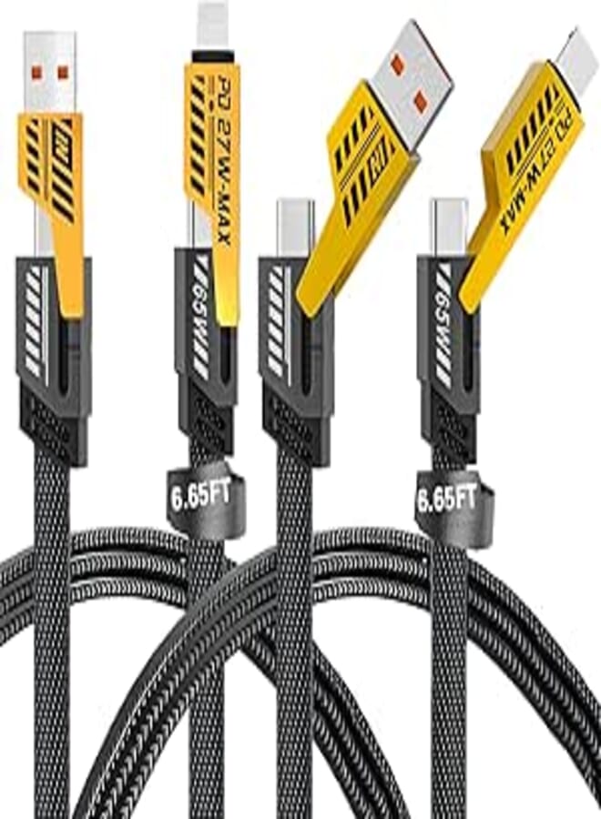 2Pack 4 in 1 Fast Charging Cable, Transferring Data, 6.65 Ft, Braided Cable 65W, USB C USB A and IP, Multiple Charging Cable for Phone/Pad/More